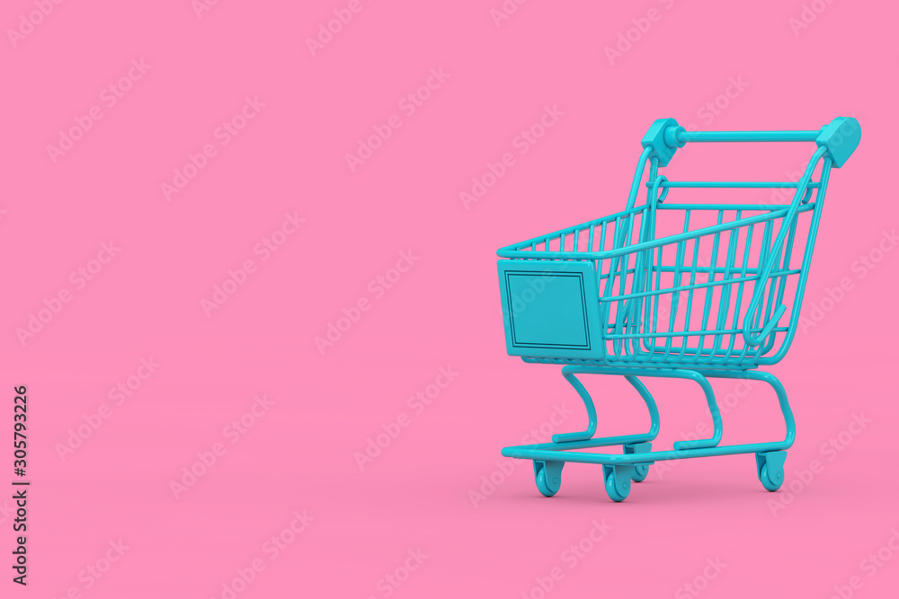 Poster Blue Shopping Cart Trolley Mock Up Duotone. 3d Rendering