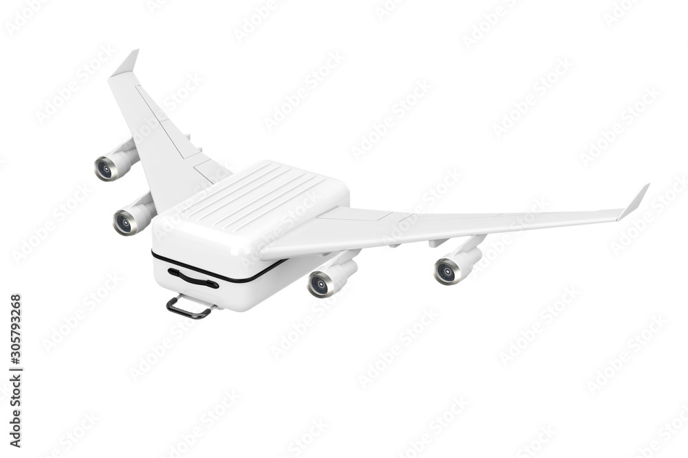 Poster travel concept. large white polycarbonate suitcase with airplane wings flying to vocation. 3d render