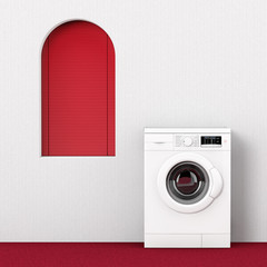 Modern Washing Machine near Red Window. 3d Rendering