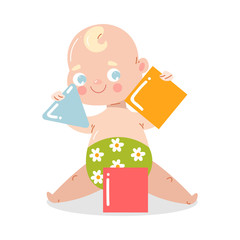 Cute happy smiling baby sitting on the floor playing with building blocks. Vector illustration in flat cartoon style.