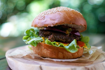 Meaty hamburger in a restaurant