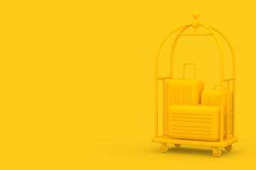 Yellow Large Polycarbonate Suitcases in Yellow Luxury Hotel Luggage Trolley Cart. 3d Rendering