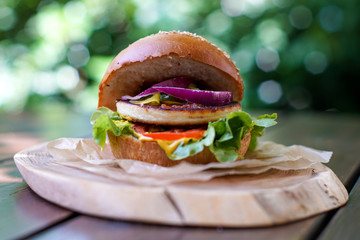 Meaty hamburger in a restaurant