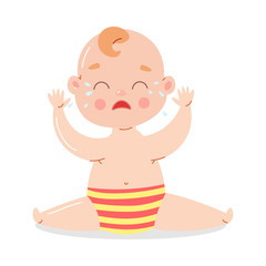 Cute baby in striped underpants sitting and crying. Vector illustration in flat cartoon style.