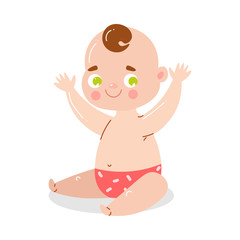 Cute happy smiling baby in red underpants sitting with raised hands. Vector illustration in flat cartoon style.