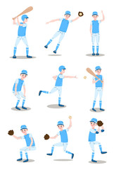 Set of baseball player characters in different actions. Vector illustration in flat cartoon style.