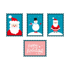 Christmas stamp with santa claus. Christmas stamp with snow man. Christmas stamp with lettering happy holidays. Vector set of Christmas stamps.