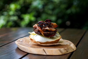 Meaty hamburger in a restaurant