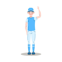 The teenage boy baseball player waving. Vector illustration in the flat cartoon style.