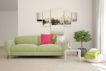 Stylish room in white color with sofa. Scandinavian interior design. 3D illustration