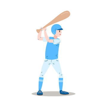 The teenage boy plays baseball in a blue uniform. Vector illustration in the flat cartoon style.