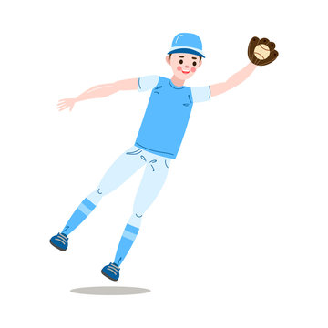 The teenage boy plays baseball in a blue uniform catching a ball with the glove. Vector illustration in the flat cartoon style.
