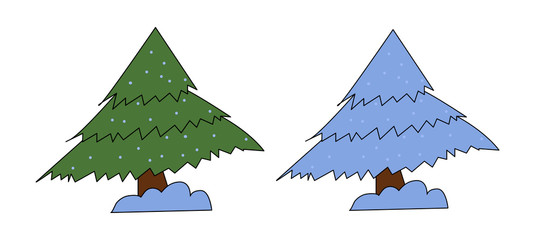 Fototapeta premium Set of two christmas trees green and snowy isolated on a white background. The symbol of New Year.