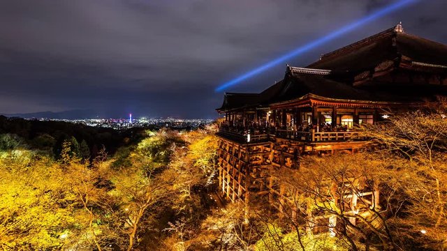 People visiting Kiyomizu dera Temple in Kyoto at night time lapse