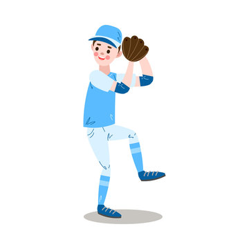 The teenage boy plays baseball in a blue uniform preparing to throw the ball. Vector illustration in the flat cartoon style.
