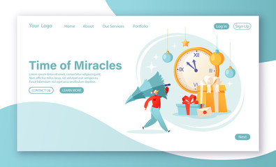 Concept of landing page on winter holidays theme. Flat cartoon man character preparing for the New Year,  he carries Christmas tree on the background of gift boxes and large clock. New Year is coming.