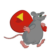The rat is a symbol of the New year on the Chinese calendar carries a large red sack with cheese. Isolated on white background.  Vector illustration in cartoon style