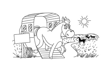 Horse children sticker design. Funny character in cartoon style. Vector illustration.