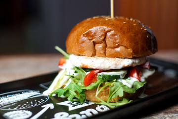 Meaty hamburger in a restaurant