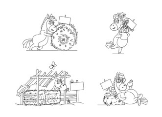 Horse children sticker design. Funny character in cartoon style. Vector illustration.