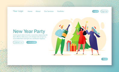 New Year corporate party concept for website landing page. Business people celebrating party, having fun at decorated Christmas tree and gif boxes. Corporate event celebration theme web page banner. 