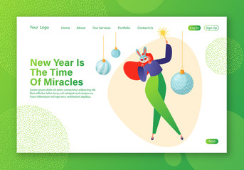 New Year party concept for website landing page. Happy female character dancing in a bunny mask with sparkler in hand. Xmas holidays celebration theme for web page banner. Cartoon flat, vector.