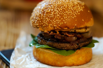 Meaty hamburger in a restaurant