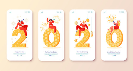 New Year 2020 concept for mobile app page onboard screen set. Happy people sitting on huge numerals, holding sparklers in hands, fireworks on background. Flat vector illustration website or web page.