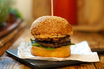 Meaty hamburger in a restaurant