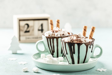 Hot chocolate festive dessert with whipped cream or ice cream