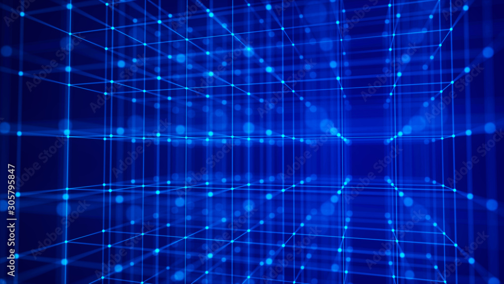 Poster Block chain technology concept. 3D Rendering. Network connection structure. Big data visualization.