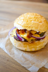 Meaty hamburger in a restaurant