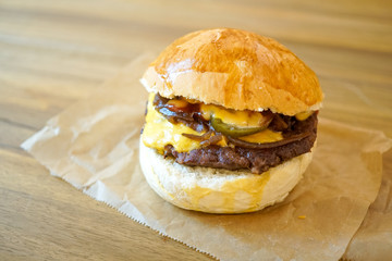 Meaty hamburger in a restaurant