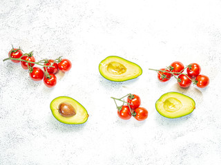 Ingredients: avocado, tomato. copy space