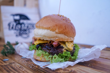 Meaty hamburger in a restaurant