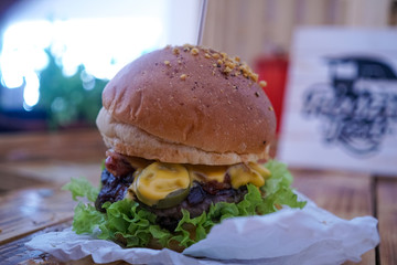 Meaty hamburger in a restaurant