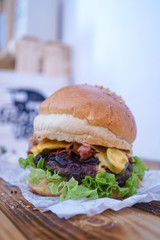 Meaty hamburger in a restaurant