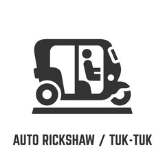 Auto rickshaw or tuk-tuk icon with asian motor bike and driver or motorized urban public transport symbol.