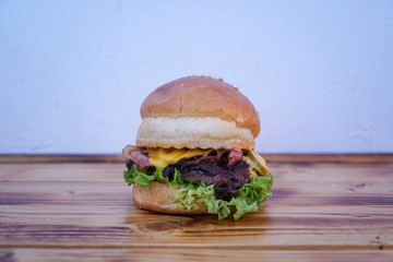 Meaty hamburger in a restaurant