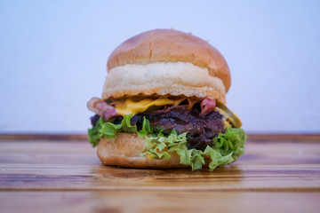Meaty hamburger in a restaurant