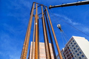 Industrial background. Rebar texture. Rusty rebar for concrete pouring. Steel reinforcement bars. Construction rebar steel work reinforcement. Closeup of Steel rebars.