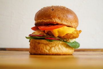 Meaty hamburger in a restaurant