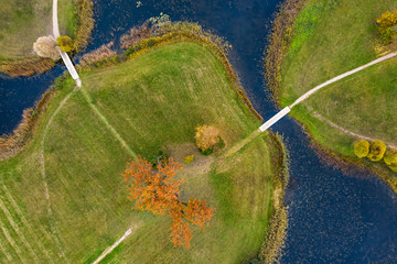 Island in the lake and forest in autumn colors. Golden trees and a blue water, nature environment. Sundown evening light in fall.