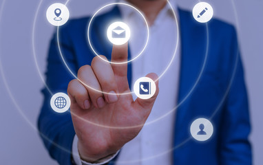 Male human wear formal work suit presenting presentation using smart device