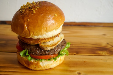 Meaty hamburger in a restaurant