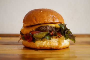 Meaty hamburger in a restaurant