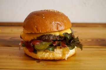 Meaty hamburger in a restaurant