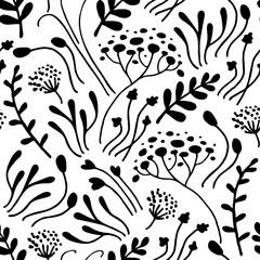 Seamless pattern of outlandish hand drawn black line different herbs and flowers. Bunch of flowers. Vector illustration on white background