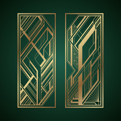Gold art deco panels on dark green background