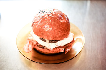 Meaty hamburger in a restaurant